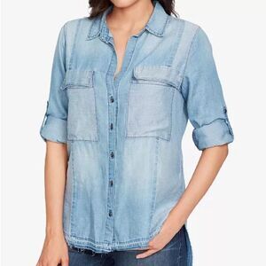 WILLIAM RAST Dalila Frayed Denim Shirt Juniors XS Rolled Sleeves Button Front